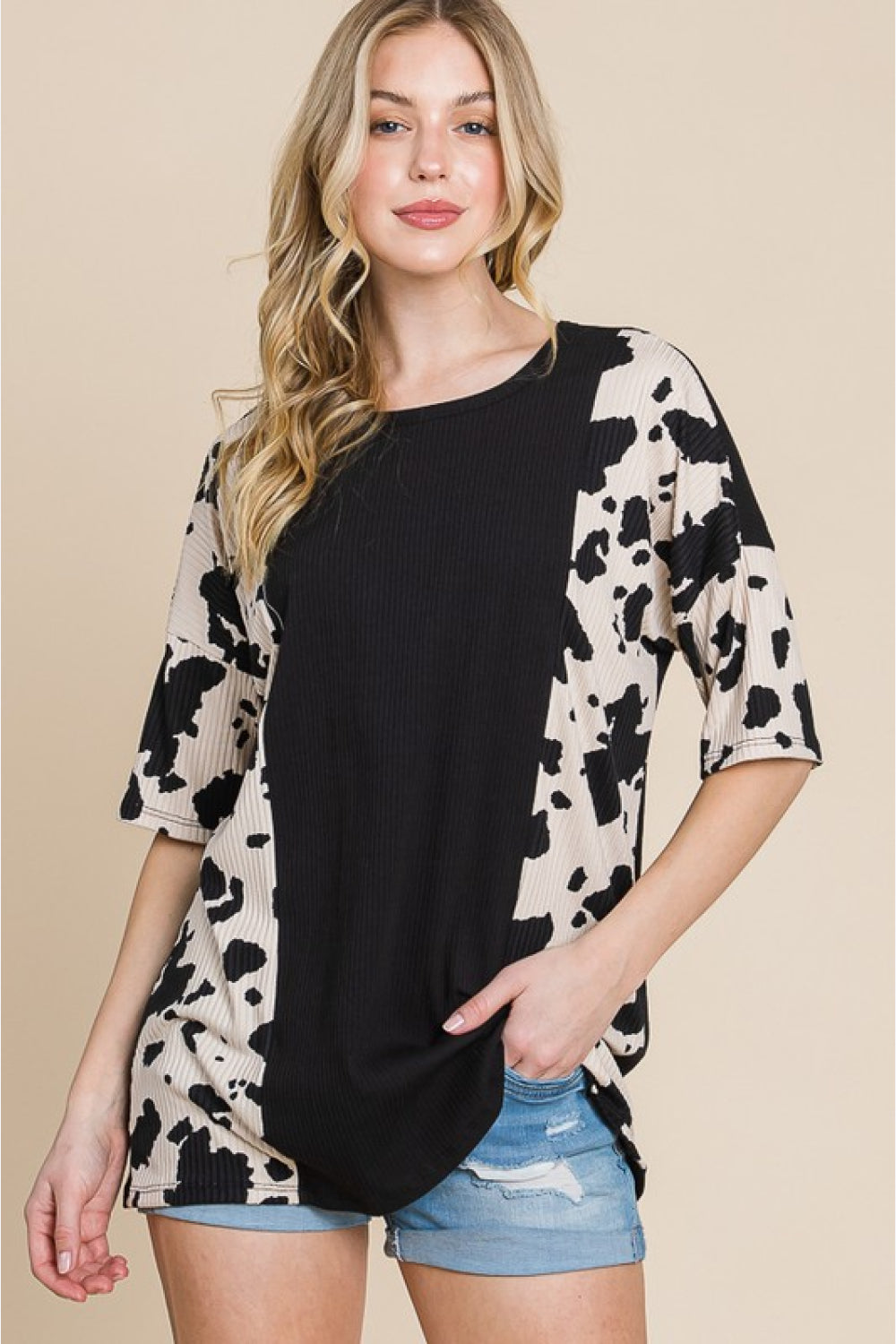 Cow Print Ribbed Contrast Tee, Animal Print, High Stretch