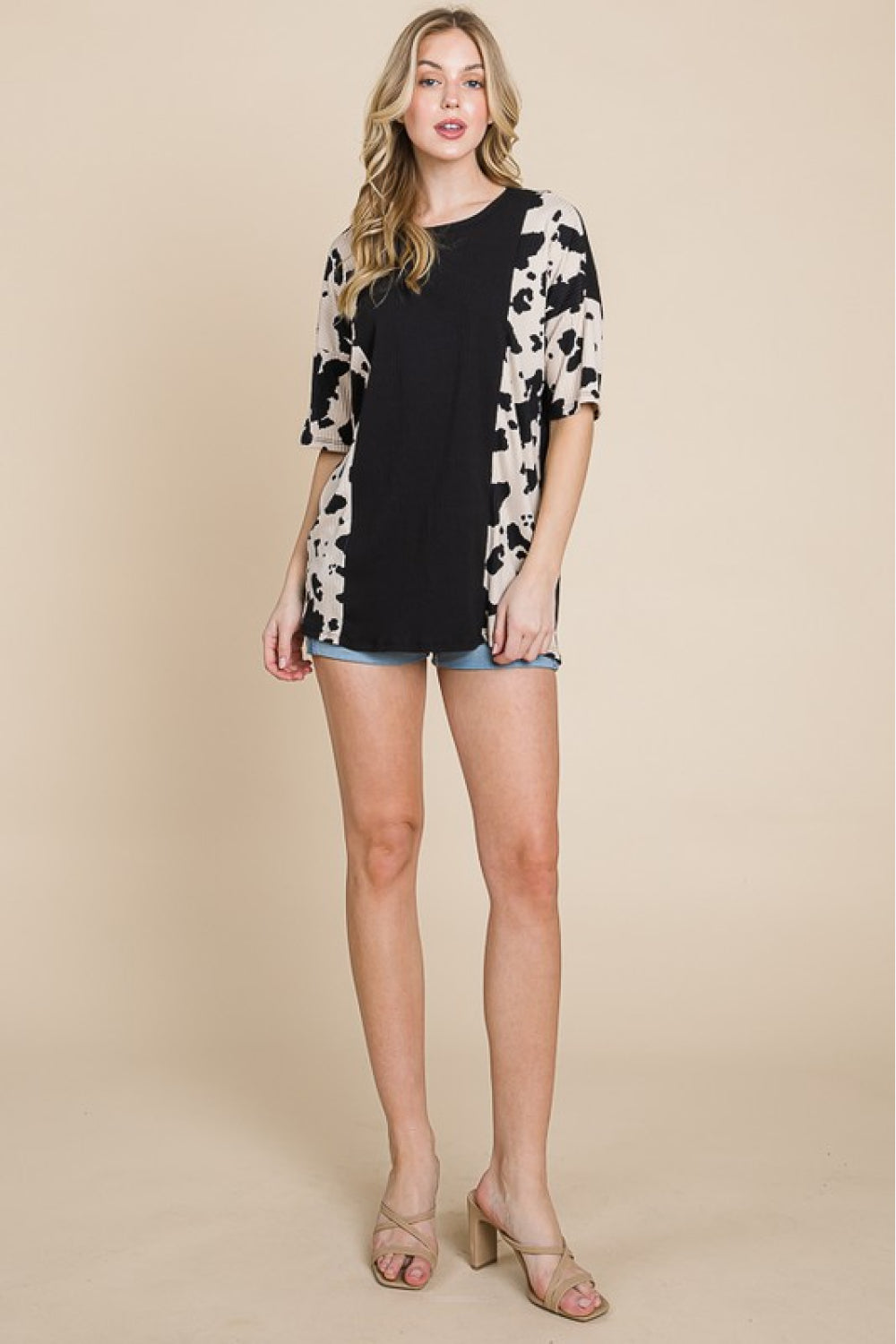 Cow Print Ribbed Contrast Tee, Animal Print, High Stretch