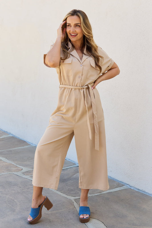 Petal Dew All Jumpsuit With Waist Belted Ribbon Straps In Tan