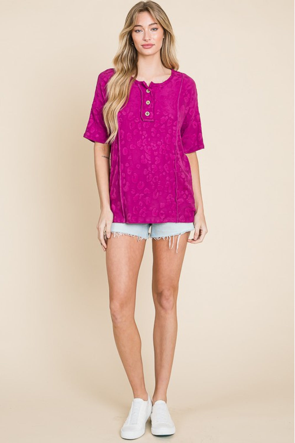 Relaxed Fit Button Animal Textured Top, Magenta