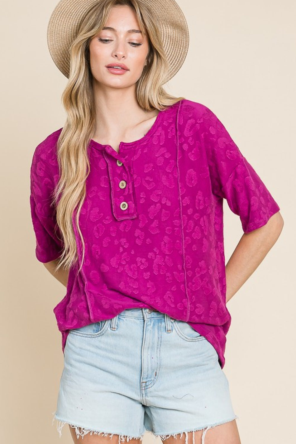 Relaxed Fit Button Animal Textured Top, Magenta
