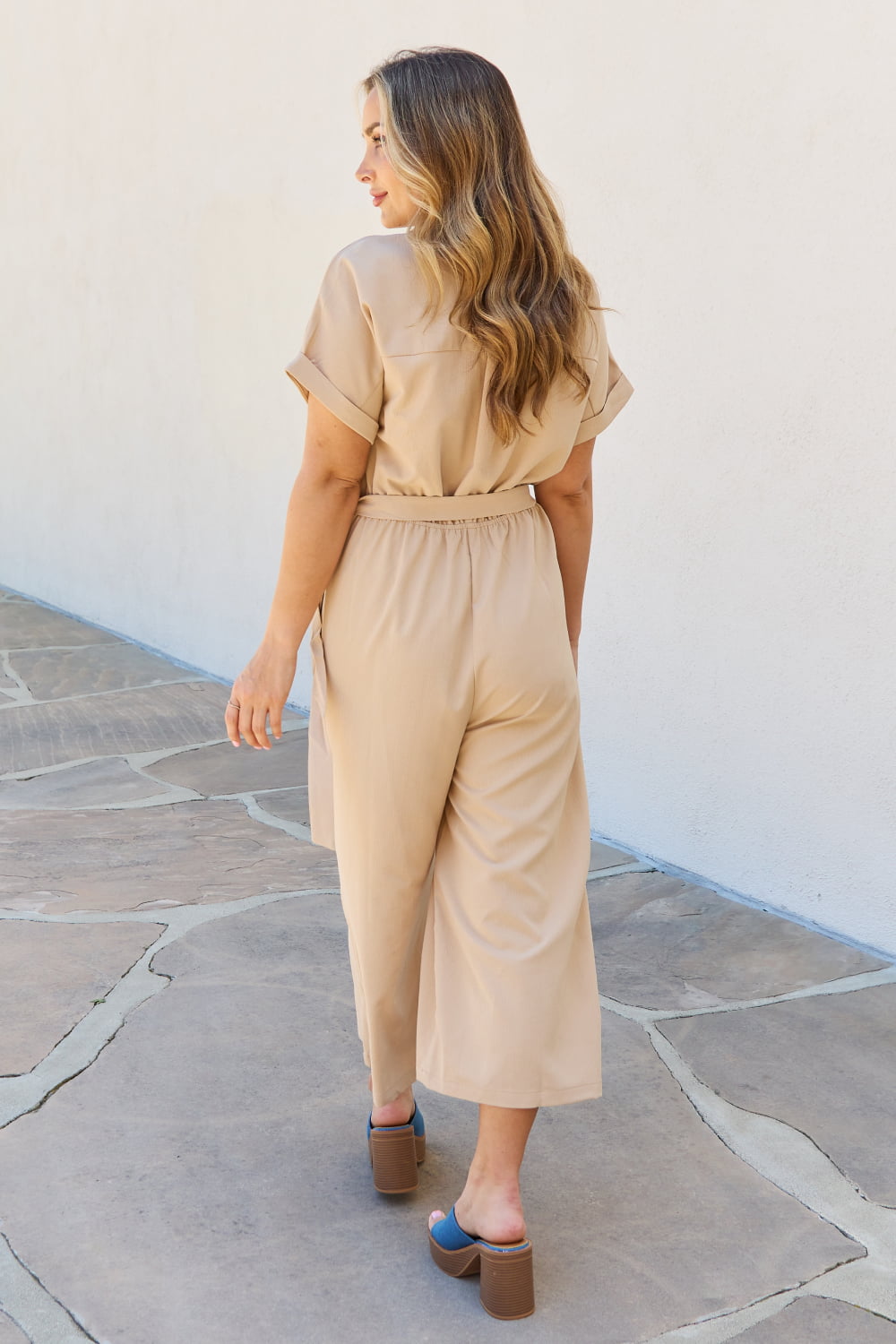 Petal Dew All Jumpsuit With Waist Belted Ribbon Straps In Tan