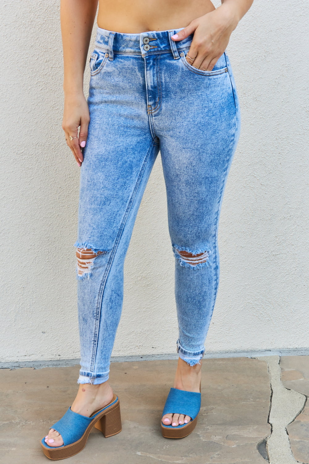 High Rise Distressed Skinny Jeans, Folded Hem, Full Size Run, by Kancan Emma