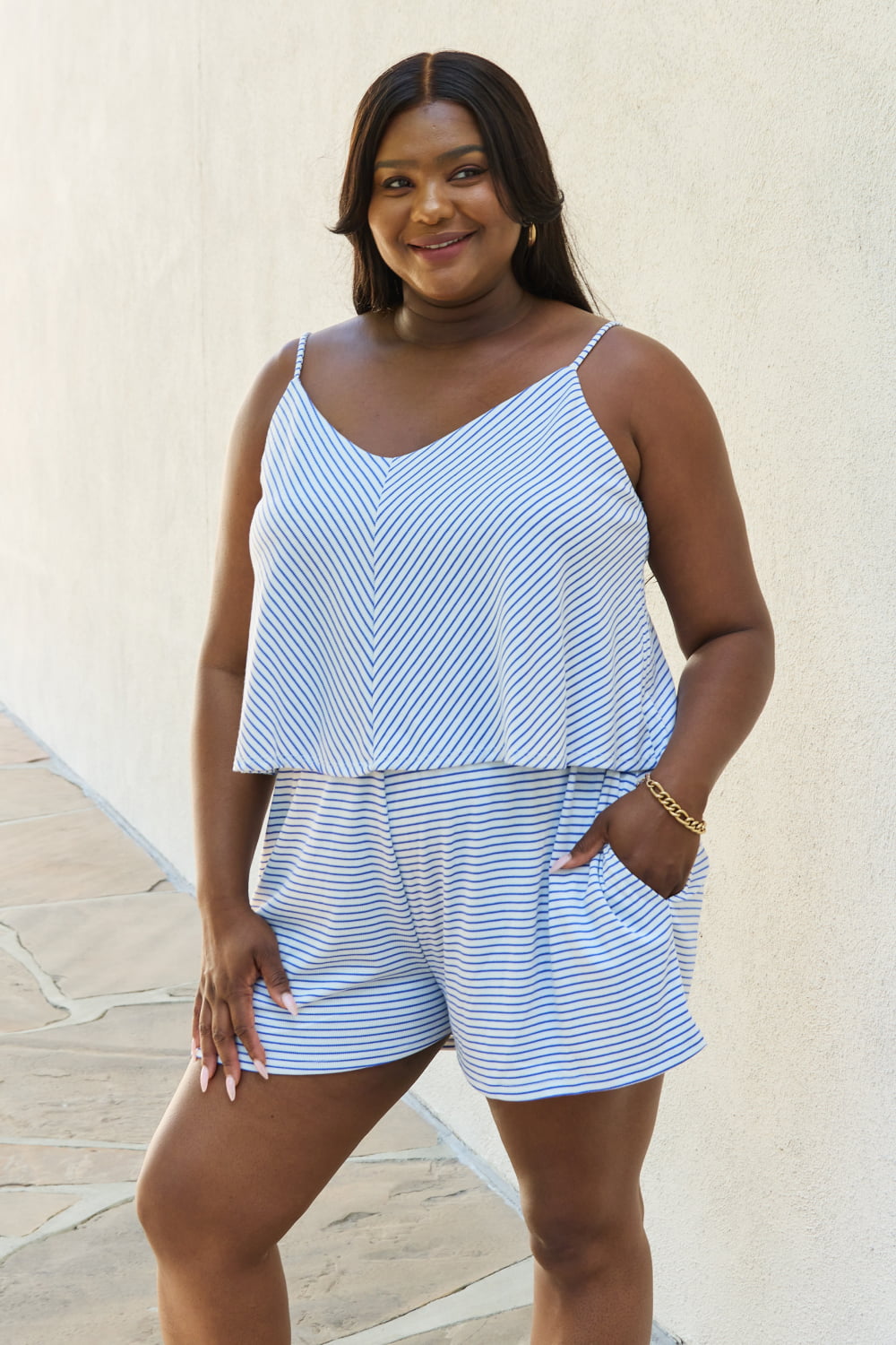 Double Flare Striped Romper in Cobalt Blue, Scoop Neckline, Full Size Run, Culture Code